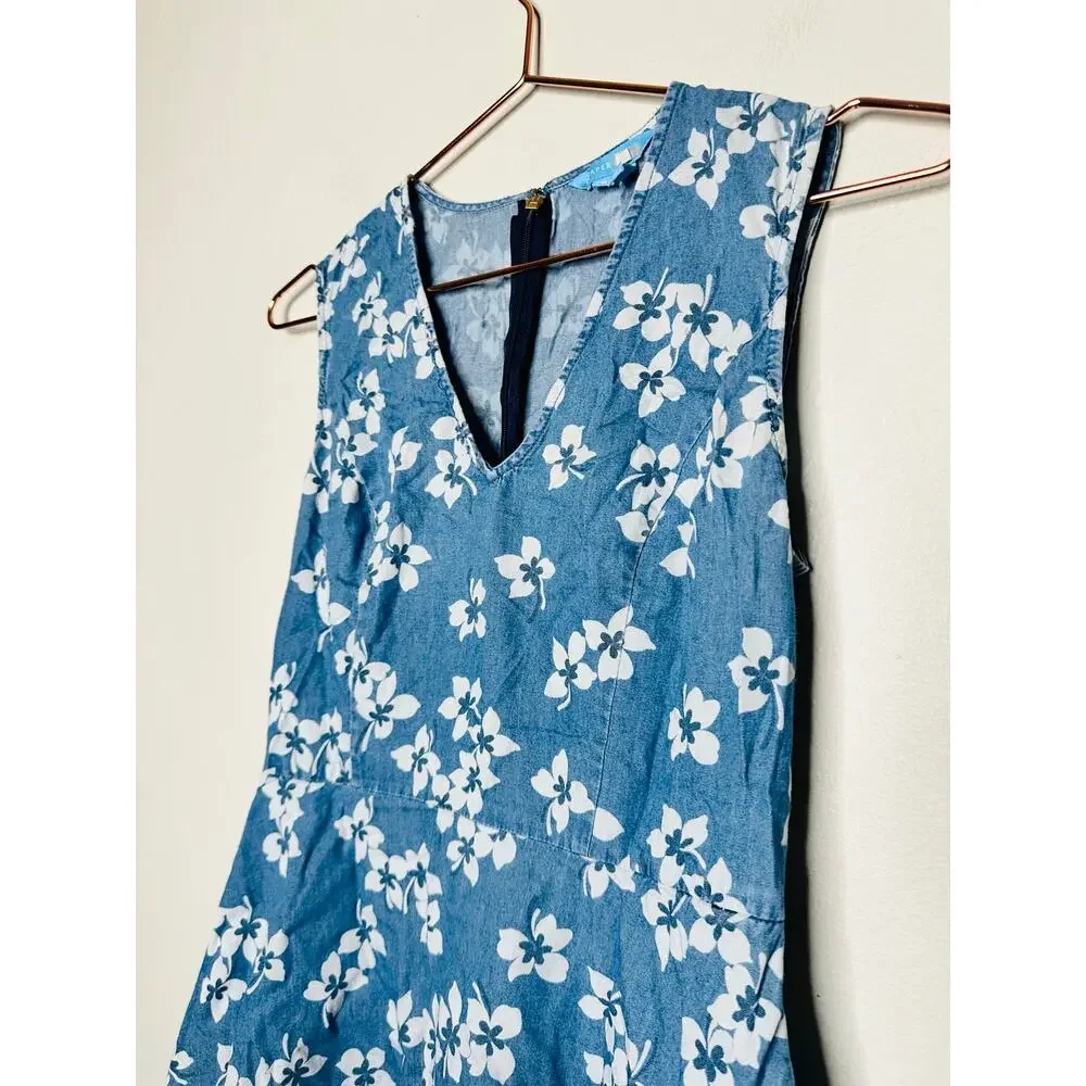 DRAPER JAMES Blue White Floral Sleeveless V-Neckline Love Circle Dress Size 2 - Picture 4 of 10